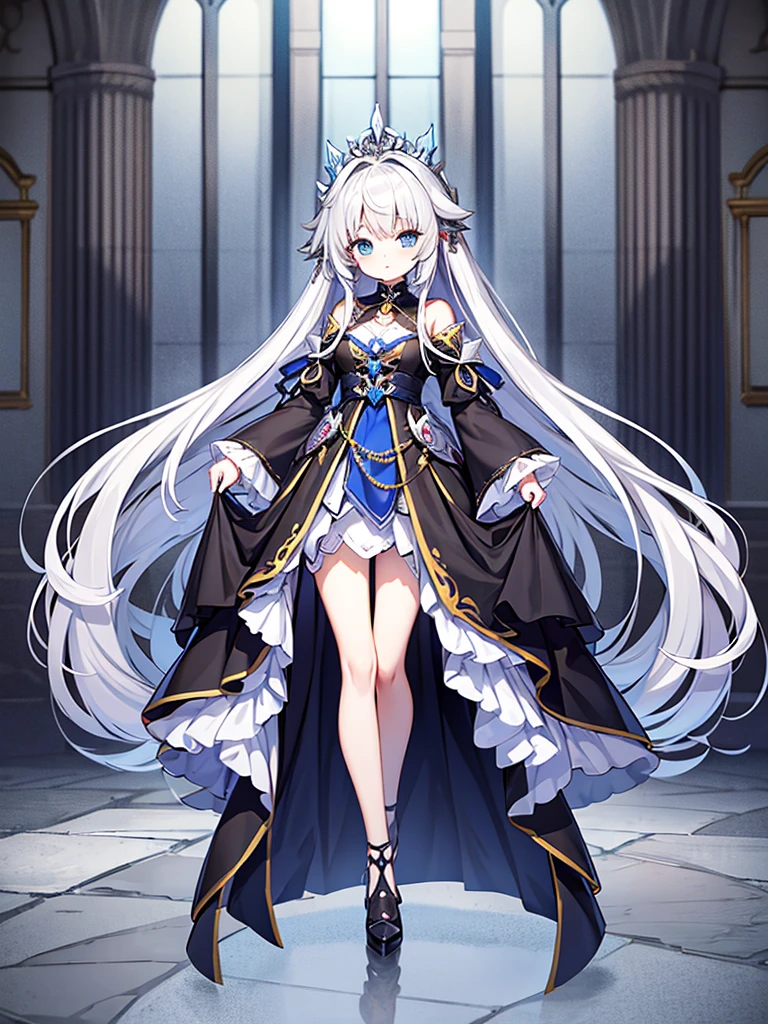 Full-body portrait、Are standing、silver gray hair、Messy hair、Very long hair、Long Hair、Silver-based noble princess outfit、銀色の綺麗なLockの杖を持っている、Lock