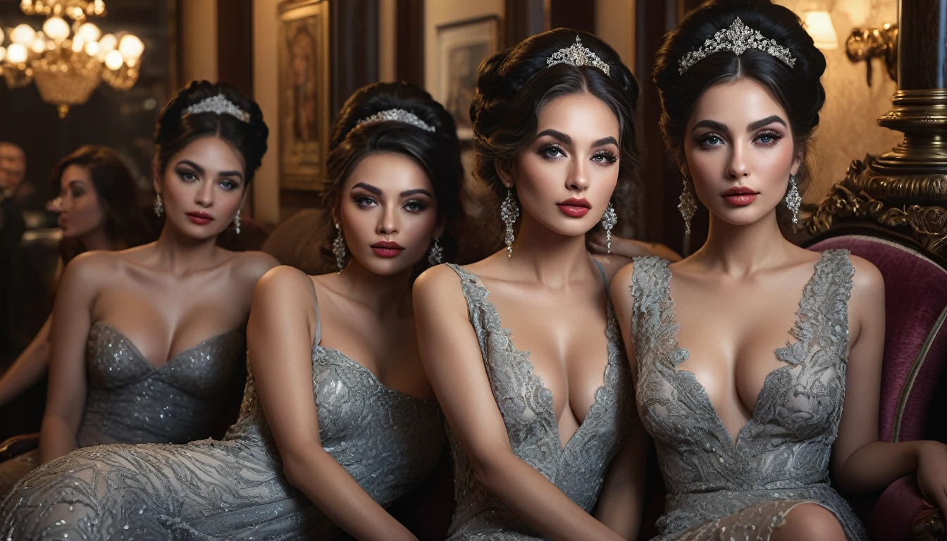 a group of women lounging in a brothel lobby, beautiful detailed eyes, beautiful detailed lips, extremely detailed eyes and face, long eyelashes, elegant dresses, luxurious interior, ornate furnishings, dramatic lighting, (best quality,4k,8k,highres,masterpiece:1.2),ultra-detailed,(realistic,photorealistic,photo-realistic:1.37),dramatic chiaroscuro lighting, moody atmosphere, oil painting, cinematic