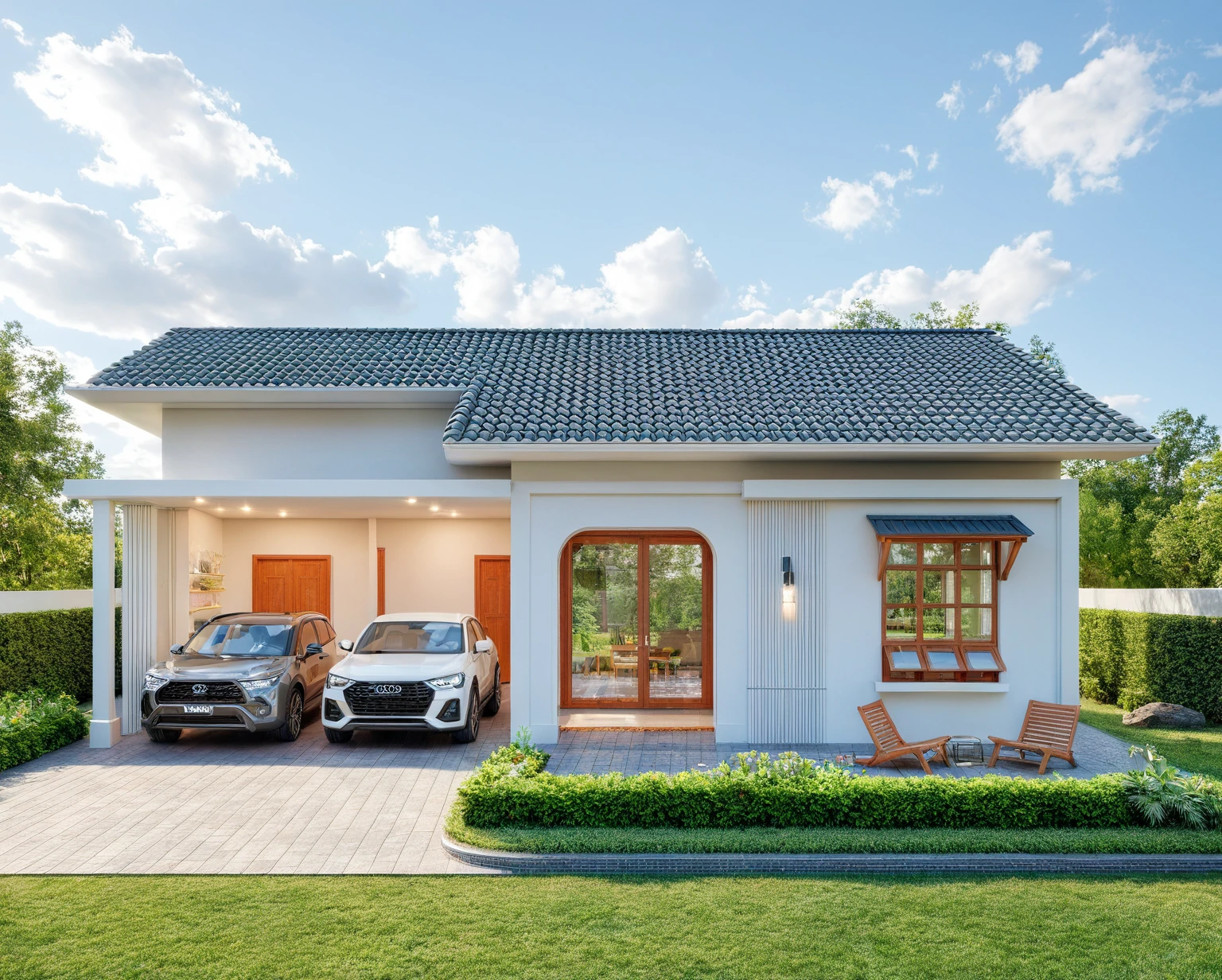 Photo brute,head of'artwork, High quality, best quality, authentique, great detail,
Outside, En plein air, house, Nhamainhat, aiaigroup sur le jardin tropical, Ligne minimaliste,villa de plain-pied, style moderne, gray tile roof brick yard,grass,tropical trees, sky, (jour:1.1),Arrière-plan du jardin tropical