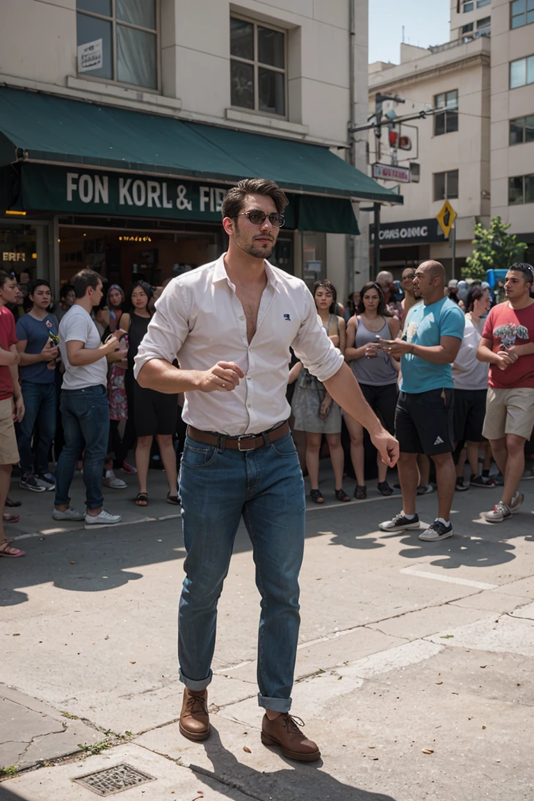 Shot with Sony a7 IV mirrorless camera, Natural light, Analog Film Photography, Kodachrome ,Handsome man ,Pride Parade ,Street-level dancing