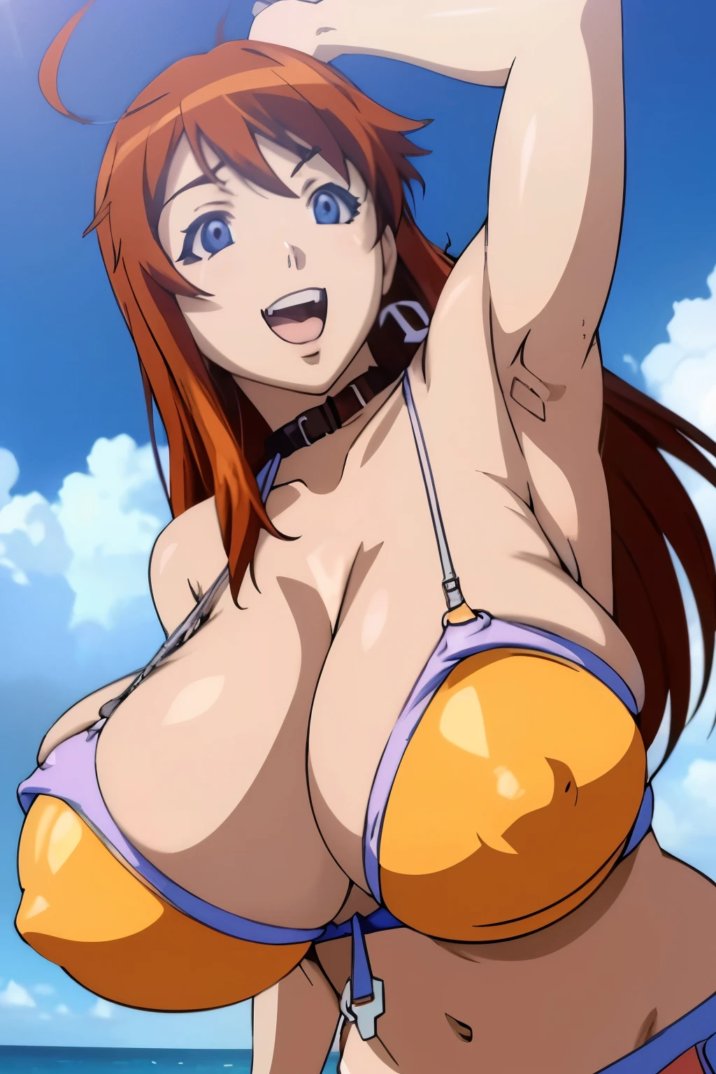 high quality、high resolution、masterpiece、(anime,anime style),megbaku,(sagging breasts,gigantic breasts:1.5),(bikini:1.3).(beach,cowboy shot),sexy,erotic,smile,open mouth,前かがみ