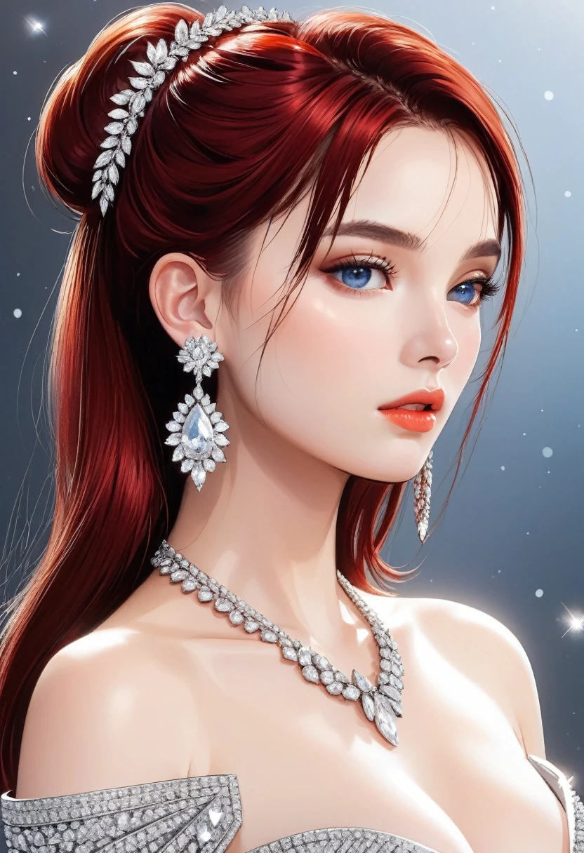 (masterpiece, best quality), intricate details, , a beautiful woman wearing earrings, inspired by Emma Andijewska, draped in crystals, silver color, long earrings, sandra chevier, huge earrings, 2019, blue-eyed, platinum jewellery, earring, flawless structure, silver earring, huge breasts ,red lipstick, bracelet, necklace, single hair bun,red hair , strapless dress,full body view,