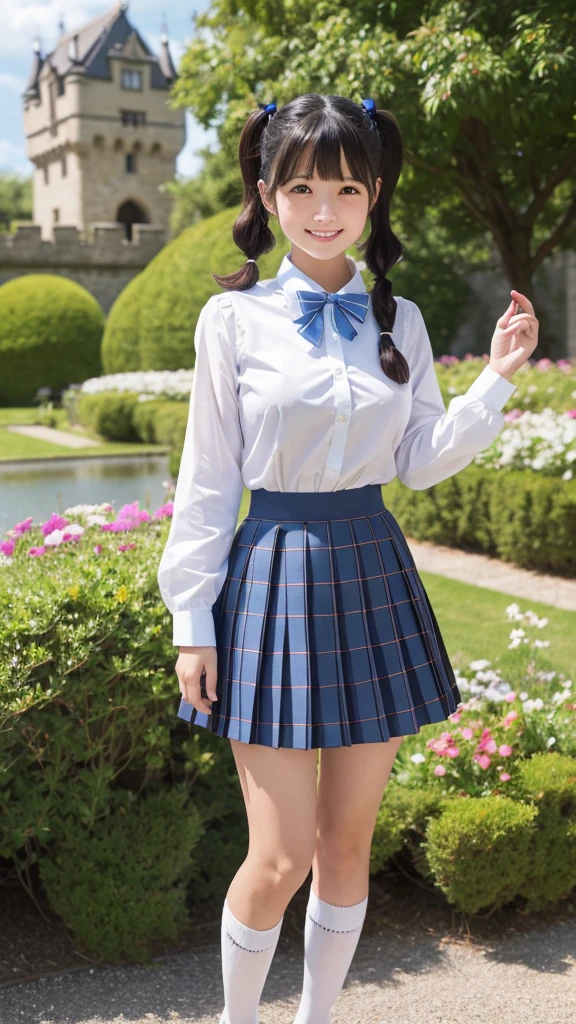 Japanese, brown eyes, smiling, high school girl, black hair, pigtails, blue ribbon hair ornament, large breasts, white Y-shirt, blue bow tie on collar, plaid pleated skirt, black socks, dark brown loafers, fantasy world, blue sky and white cumulonimbus clouds, standing in front of an old castle, lakeside, lily garden 