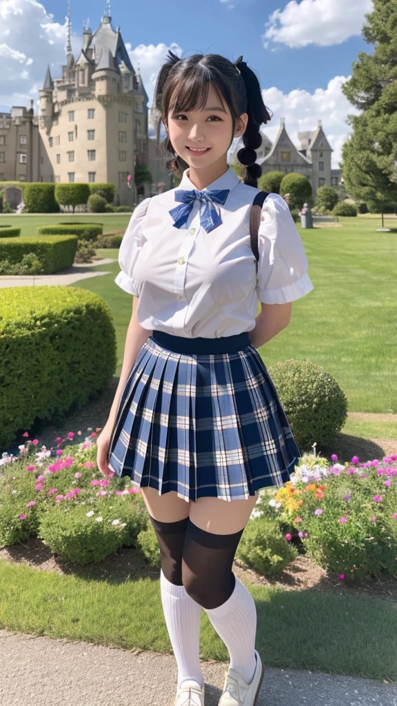 Japanese, brown eyes, smiling, high school girl, black hair, pigtails, blue ribbon hair ornament, large breasts, white Y-shirt, blue bow tie on collar, plaid pleated skirt, black socks, dark brown loafers, fantasy world, blue sky and white cumulonimbus clouds, standing in front of an old castle, lakeside, lily garden 