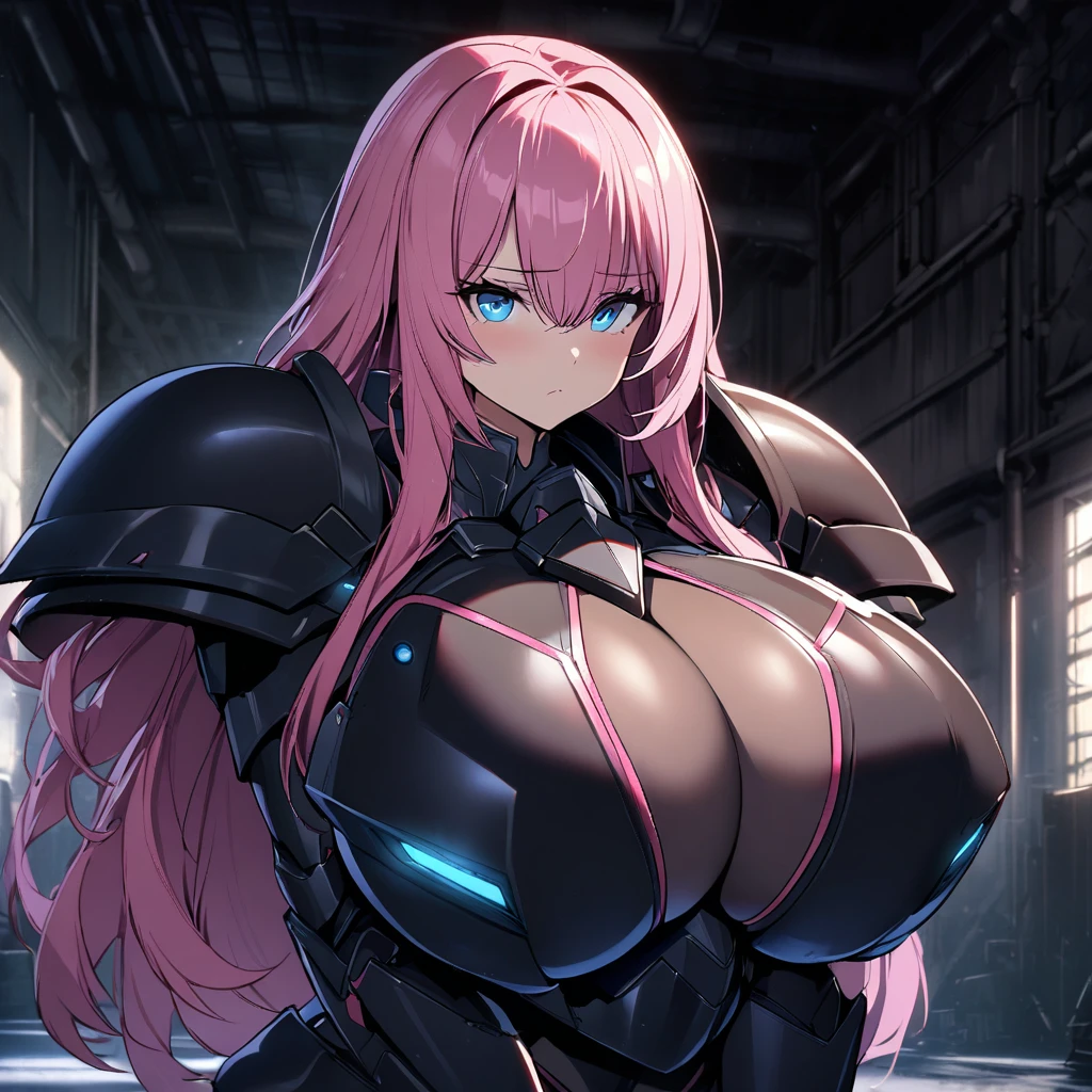 1girl,solo,pink hair color,long hair,light blue eyes,gigantic huge breasts,Wearing black sci-fi armor,Armor adheres closely to body lines,Armor mask,expressionless,Ruthless,close mouth,In a dimly lit warehouse,