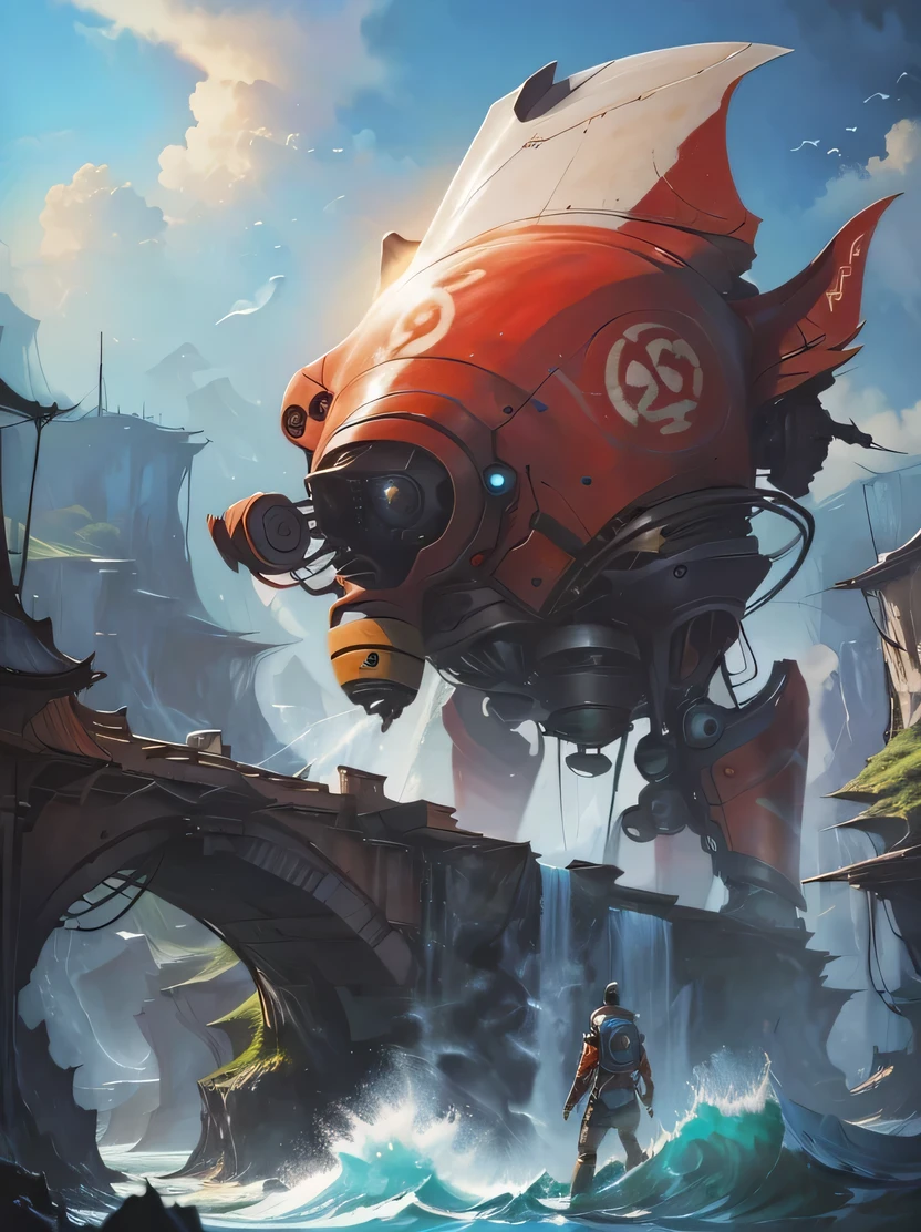 ((masterpiece、Highest quality、Very detailed、High resolution、Realistic、Sharp focus))、((No humans))、High contrast、Huge waves crashing against the cliffs of a volcanic island、Flying seagull、A futuristic cigar-shaped giant space battleship flying over the ocean