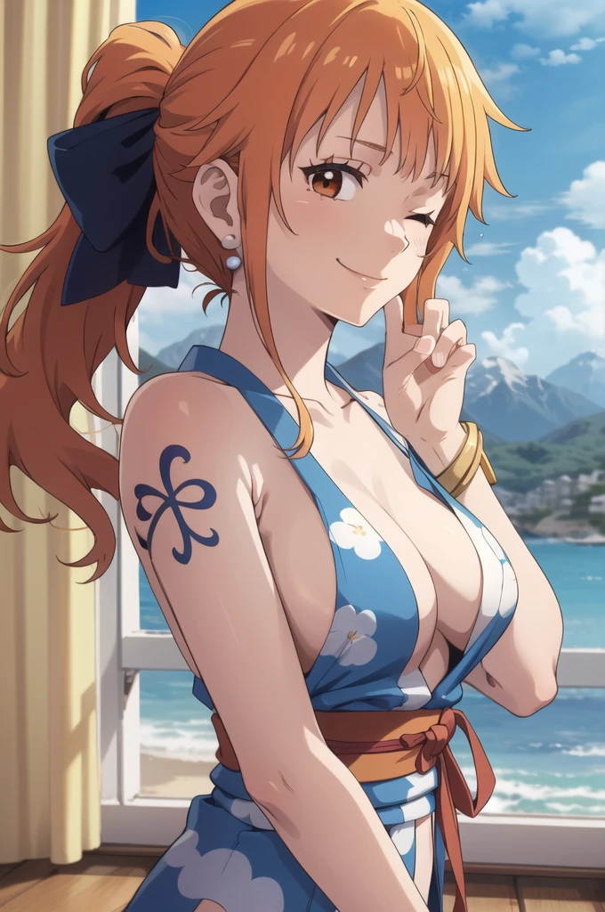 2d, masterpiece, best quality, anime, highly detailed face, highly detailed background, perfect lighting, wano, nami, 1girl, solo, one eye closed, long hair, smile, jewelry, sash,, obi, orange hair, , bow, naked nude, flower, flower print, earrings, looking at viewer, sleeveless kimono, ahoge, ribbon, hair bow, sky, day, bracelet, sleeveless, ;\), blue bow, outdoors, breasts, cloud, closed mouth, ponytail, blue sky, brown eyes, orange eyes, left shoulder tattoo, bare shoulders, very long hair, sidelocks, bangs, collarbone, upper body, left arm tattoo, bare arms, blurry, hand gesture naked , medium breasts, blurry background, large breasts, eyelashes, mountain, parody, cloudy sky, sitting, shiny hair, bangle, wavy hair, naked nude