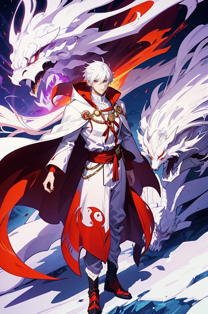 25 years old anime man with white hair, Wearing a Red cloak, Standing in front of a dragon, With one hand in his pocket, And purple aura in a form of smoke emerging out of his body