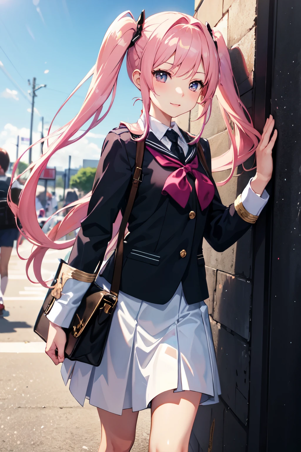 ((best quality)), ((masterpiece)), (detailed), 1girl, sexyA cheerful anime girl with long, flowing pink hair styled in a twintail is walking home from school. She wears a uniform.