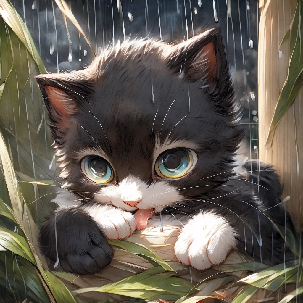 Black cat kitten、Licking the big rain