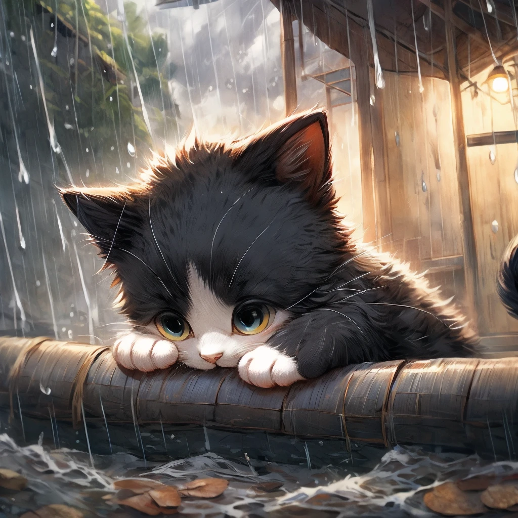 Black cat kitten、Licking the big rain