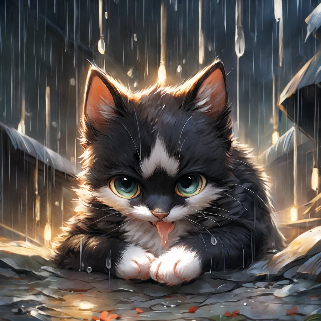 Black cat kitten、Licking the big rain