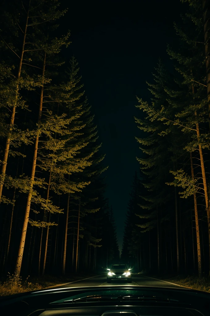 Dark forest at night seen from the windshield of a car