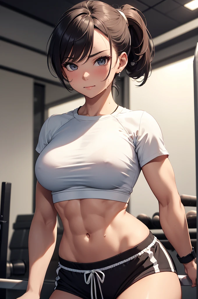 best quality, very good, 16K, incredibly Abdominal musclesurdres, Extremely detailed, Beautiful cute woman sweating in the gym, Excited look, Ivory short ponytail, Wear a loose shirt, Loose sports shorts, Abdominal muscles, Optimal body proportions, Lighting Magic