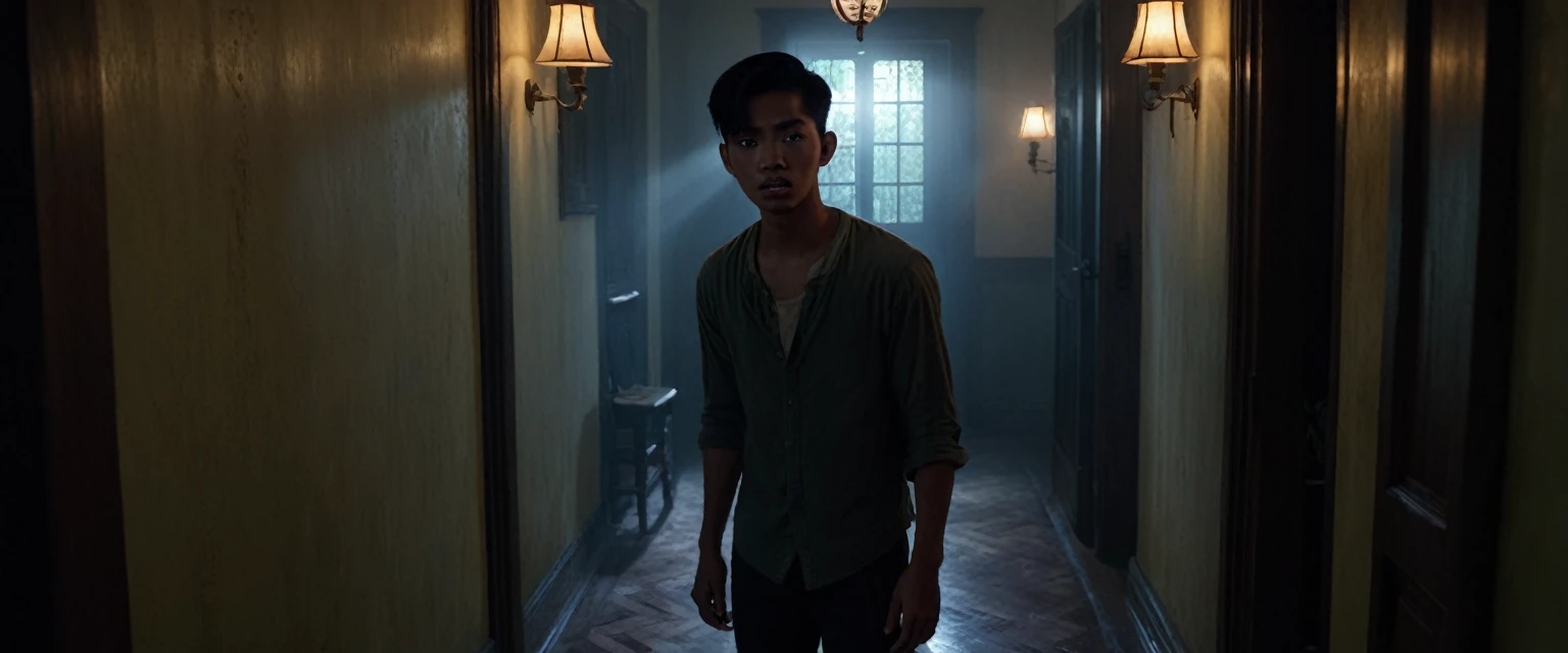A Indonesian young male student, around 23 years old, is standing in the hallway of an old Dutch colonial-style house at night, looking terrified. He is wearing a simple outfit and staring at the lower part of a woman's legs made of smoke or mist, walking through the dimly lit hallway. The scene is filled with eerie shadows, capturing the mysterious and supernatural atmosphere. (masterpiece, 8K, super realistic, super details, super focus, mystic, mysterious)