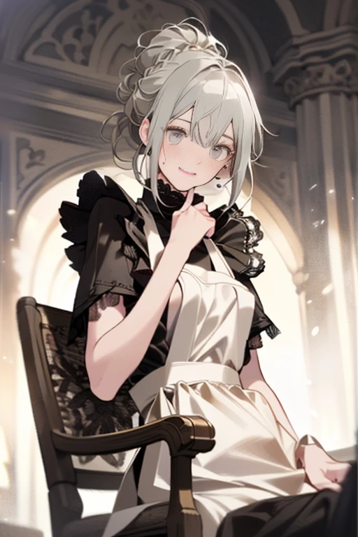 (A masterpiece of image quality in 8K),(from below:1.2),(Beautiful Allafed Woman),(((emphasizing breasts:1.0))),(Dynamic angles),(Dynamic and sexy bending pose:1.3),(sit a chair:1.3),(Short hair in shiny silver and orange inner colors,(perky chest:1.1), (pointed chest:1.3),small full breasts,Disturbance of clothing due to movement,breast slip,(Ponytail twisted buns adorned with elaborate braids and beads,Braided Setup Fishbone Hair,),(see-through bangs),small breasts、(((A white lace apron that shows your bare skin from under your small breasts)))、Blush with embarrassment、Enraptured eyes、A smile that beguiles the viewer、(Look back:1.2)、Look into the photographer,skin glistening with sweat,gazing at viewer,,(Professional Lighting),(8K,masutepiece,top-quality,Ultra-high resolution output image,),(Ultra HD with complex detail image modes),depth of fields,Beautiful hands,Beautiful fingers,Detailed finger features,(Detailed hair features:1.7),detailed facial features,detailed clothes features,
