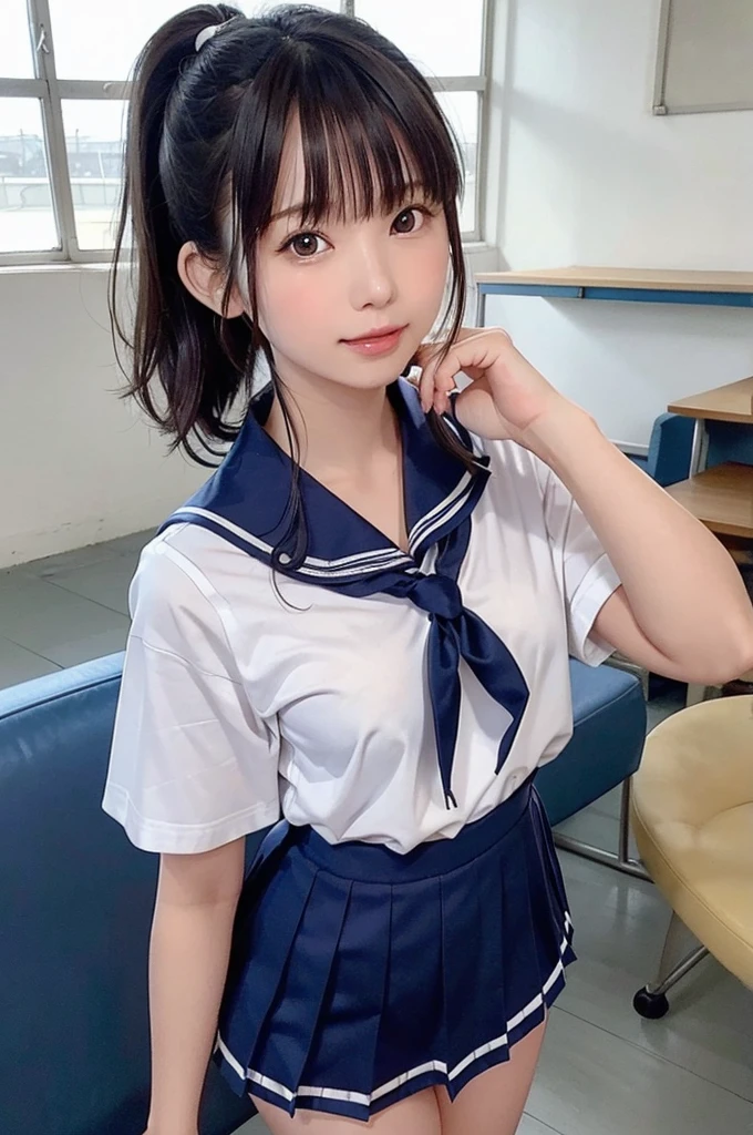 One Girl、13 years old、teen,((Sailor suit)),((Background is a junior high school classroom))、high quality、Very delicate and beautiful、((Very short bangs))、((Bangs))、Shiny, silky black hair、最high quality、Very delicate and beautiful、((ponytail))、Cute face、Young face、Cute like an idol、Are thin、Slim figure、slender、Short、 System、Sailor suit、smile、Checked Skirt、Thighs、Photographed from the front、bag、Are standing、