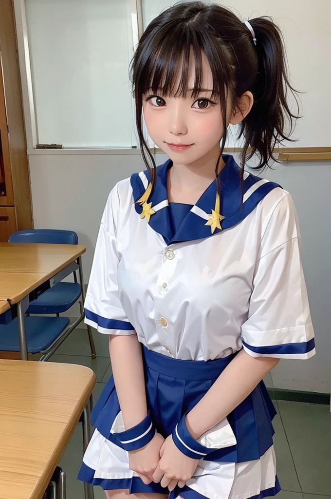 One Girl、、teen,((Sailoit)),((Background is a junior high schossroom))、high quality、Very delicate and beautiful、((Very short bangs))、((Bangs))、Shiny, silky black hair、最high quality、Very delicate and beautiful、((ponytail))、Cute face、Young face、Cute like an idol、Are thin、Slim figure、slender、Short、 System、Sailor suit、smile、Checked Skirt、Thighs、Photographed from the front、bag、Are standing、