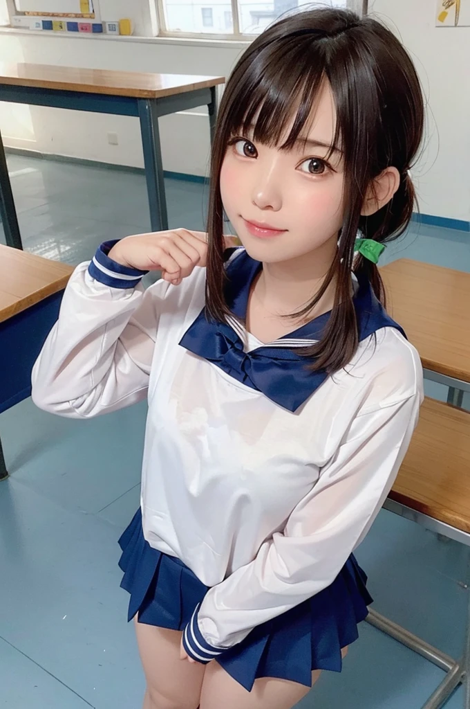 One Girl、、teen,((Sailoit)),((Background is a junior high school classroom))、high quality、Very delicate and beautiful、((Very short bangs))、((Bangs))、Shiny, silky black hair、最high quality、Very delicate and beautiful、((ponytail))、Cute face、Young face、Cute like an idol、Are thin、Slim figure、slender、Short、 System、Sailor suit、smile、Checked Skirt、Thighs、Photographed from the front、bag、Are standing、
