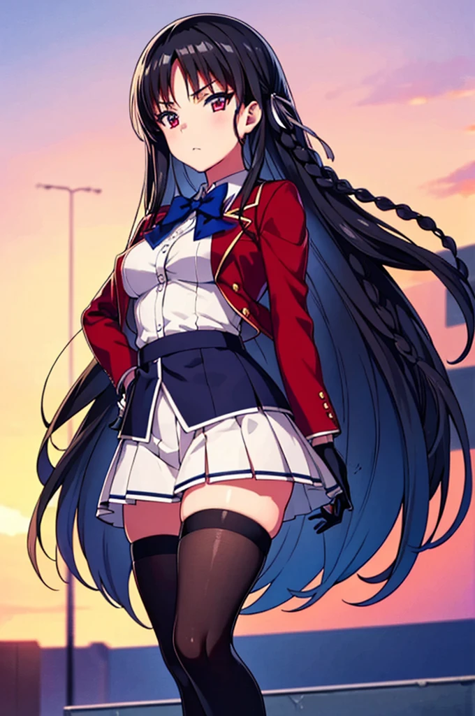(masterpiece), (ultra detailed), (best illustration), (official art:1.2), (anime screencap:1.2), detailed beautiful face and eyes, anime keyvisual, perfect anatomy, 8k portrait,
1girl,
Suzune Horikita \(youjitsu\),
long hair, braid,
black hair,
(red eyes, slant eyes, small eyes),
blue bow,
medium breasts, (red jacket, white skirt, shirt formal, pleated skirt, black thigh-high socks),
BREAK looking at viewer,
cowboy shot,
perfect light,
background of outdoor, school building,
