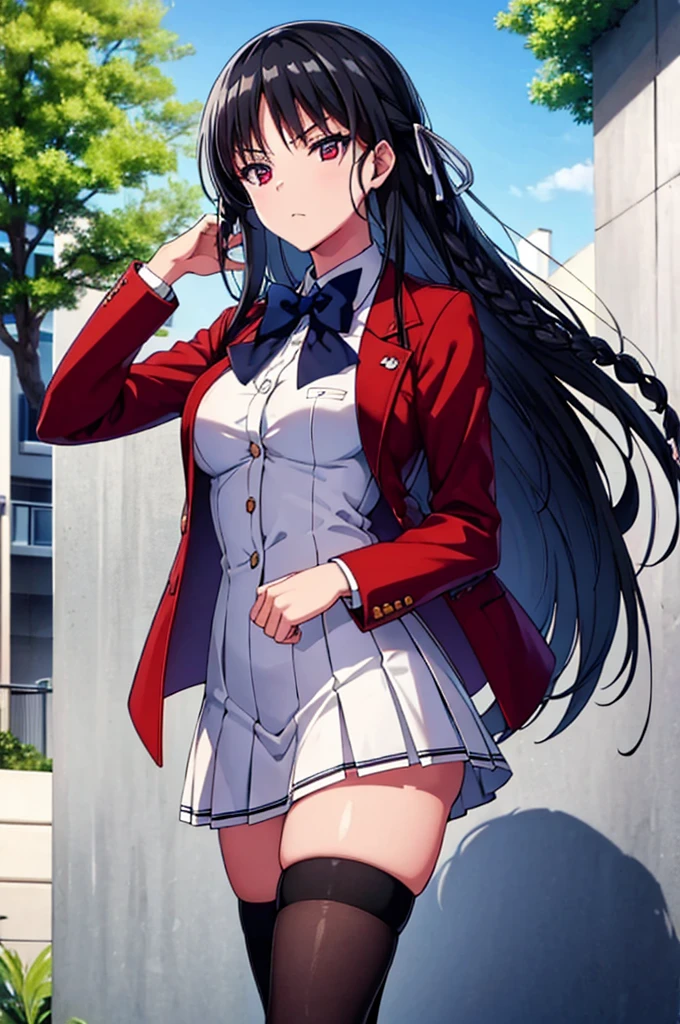 (masterpiece), (ultra detailed), (best illustration), (official art:1.2), (anime screencap:1.2), detailed beautiful face and eyes, anime keyvisual, perfect anatomy, 8k portrait, 
1girl,
Suzune Horikita \(youjitsu\),
long hair, braid, 
black hair, 
(red eyes, slant eyes, small eyes), 
blue bow, 
medium breasts, (red jacket, white skirt, shirt formal, pleated skirt, black thigh-high socks),
BREAK looking at viewer, 
cowboy shot, 
perfect light, 
background of outdoor, school building, 