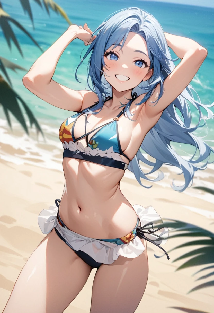 whole body, (female): 1girl, solo, (perfect face), (detailed outfit), (20 years old girl), beautiful female, happy, (smiling), blue hair, long hair, blue eyes, (bikini:1.2), (bikini only), (sandy beach): (masterpiece:1.4), (best quality), (high res), Perfect body,hands behind the head