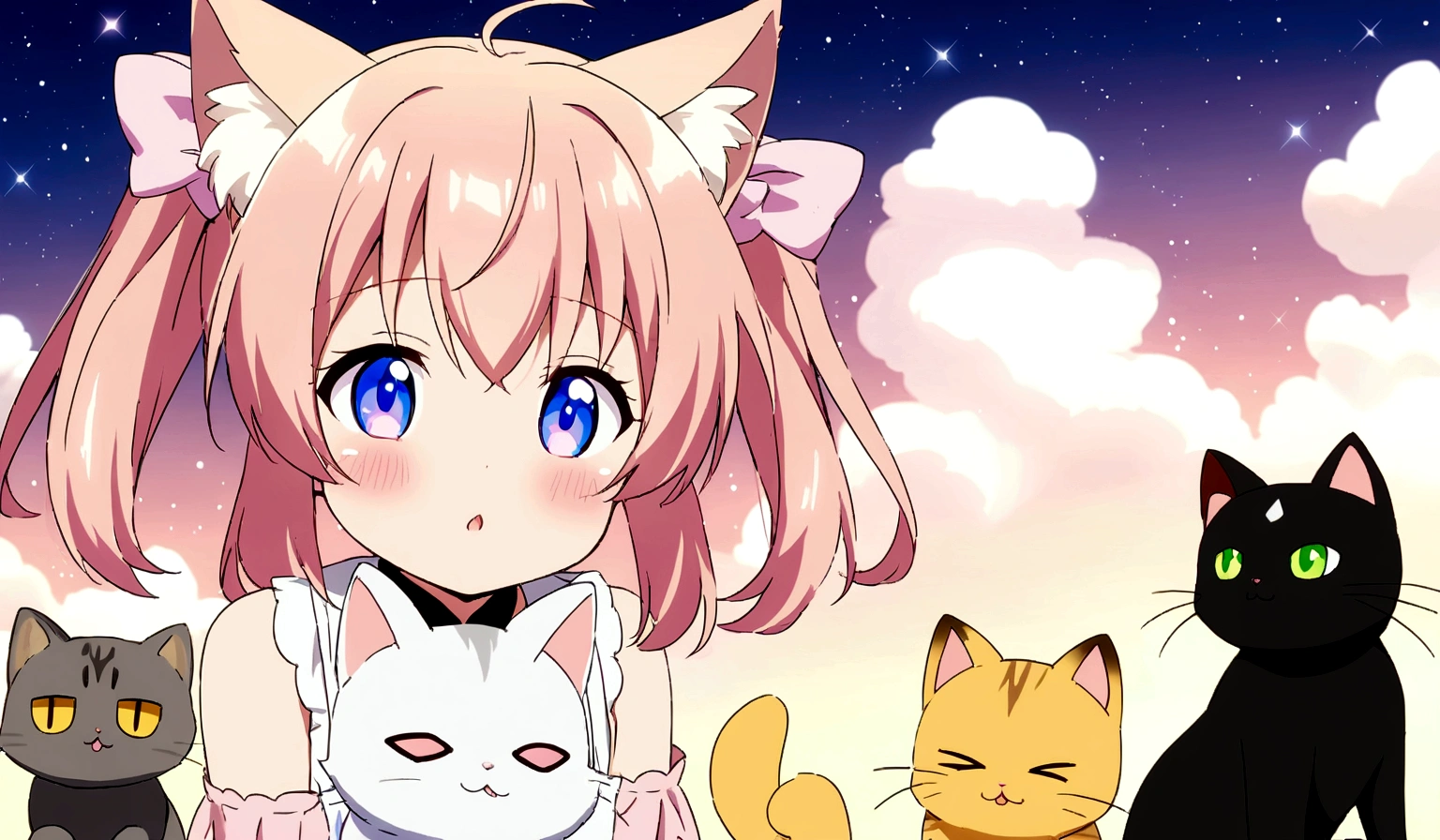Anime Cat in the clouds with stars and clouds in the background, cute catのアニメビジュアル, Anime Cat, cute cat, cute Anime Catgirl, Anime Catgirl, beautiful Anime Catgirl, very beautiful Anime Cat girl, とても美しいcute cat娘, nekomimi, Cute Anime, Dream animal cute eyes, Cat ears anime girl, Anime atmosphere