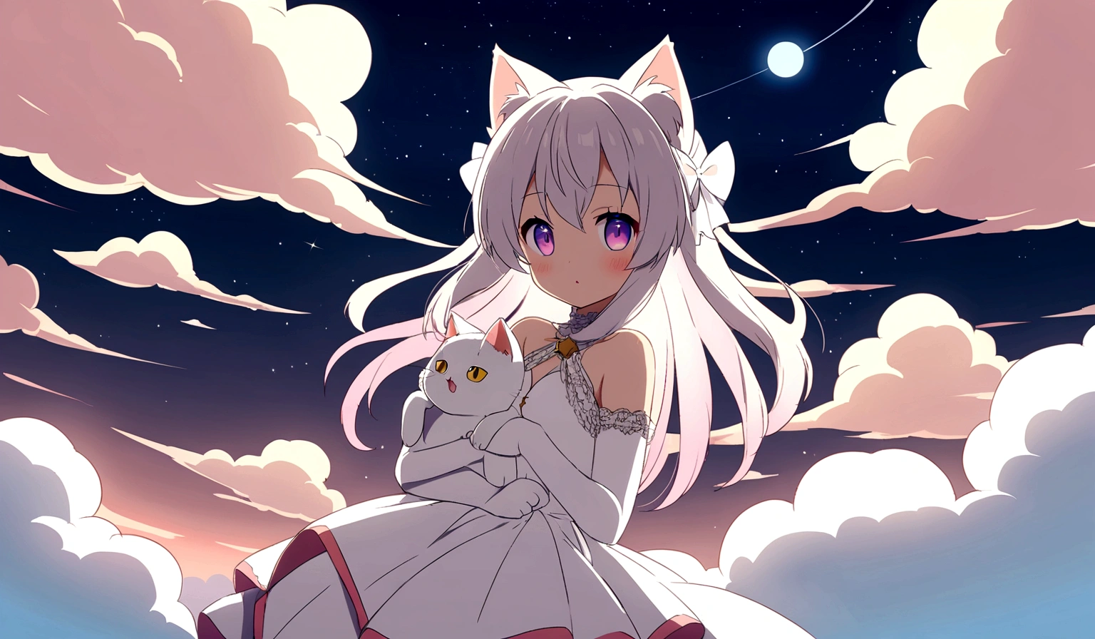 Anime Cat in the clouds with stars and clouds in the background, cute catのアニメビジュアル, Anime Cat, cute cat, cute Anime Catgirl, Anime Catgirl, beautiful Anime Catgirl, very beautiful Anime Cat girl, とても美しいcute cat娘, nekomimi, Cute Anime, Dream animal cute eyes, Cat ears anime girl, Anime atmosphere
