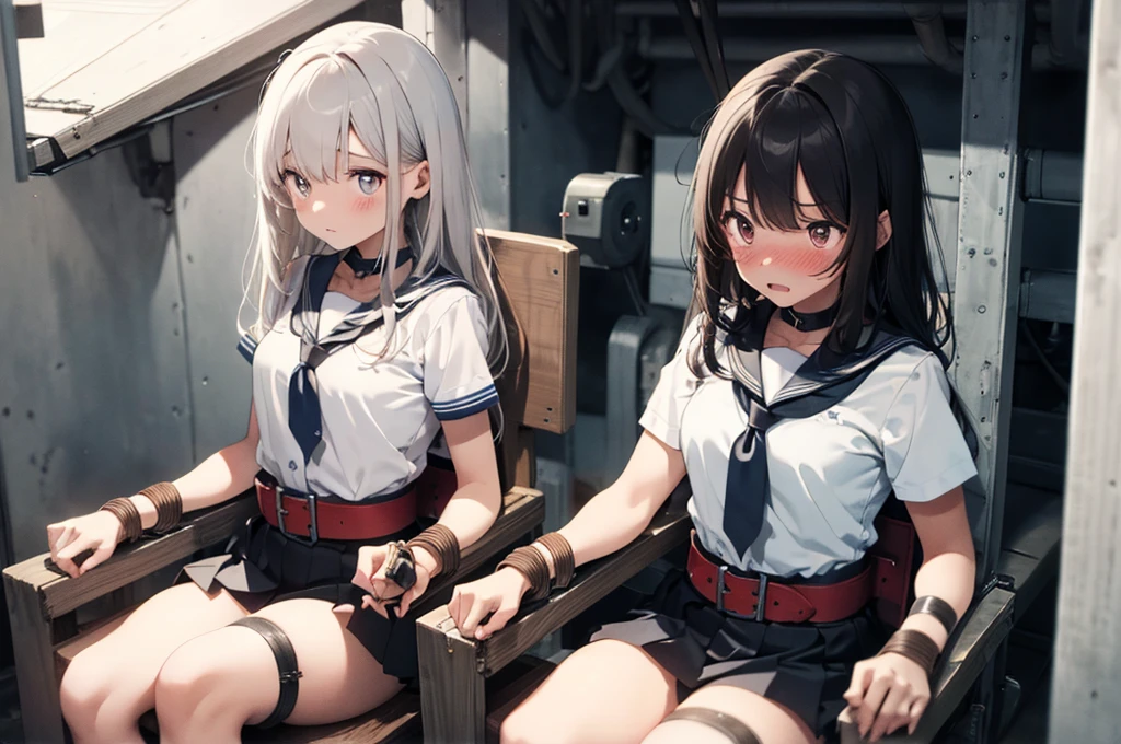 3 girls, ((squeezed together, inside tiny cube, strapped to chairs)), (sitting:1.5), (bondage chair:1.5), (blushing:1.5), (open legs:1.5), ((basement, metal room)), (((3 girls, group of girls))), (inside torture room, tightly packed), arms to sides , wrist cuffs, ankle cuffs, (((shocked expression, struggling))), ((short sleeve, sailor uniform, tight clohing)), arms to sides, long hair, dark hair, saphire eyes, perfect body, perfect face, detailed face, detailed eyes, 16K