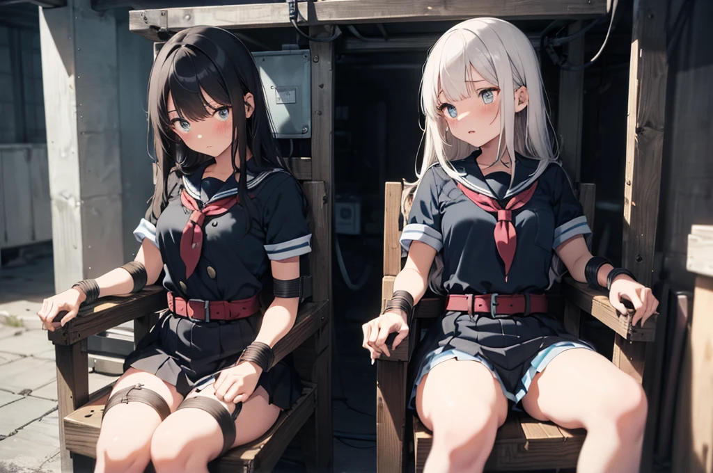3 girls, ((squeezed together, inside tiny cube, strapped to chairs)), (sitting:1.5), (bondage chair:1.5), (blushing:1.5), (open legs:1.5), ((basement, metal room)), (((3 girls, group of girls))), (inside torture room, tightly packed), arms to sides , wrist cuffs, ankle cuffs, (((shocked expression, struggling))), ((short sleeve,  sailor uniform, tight clohing)), arms to sides, long hair, dark hair, saphire eyes, perfect body, perfect face, detailed face, detailed eyes, 16K