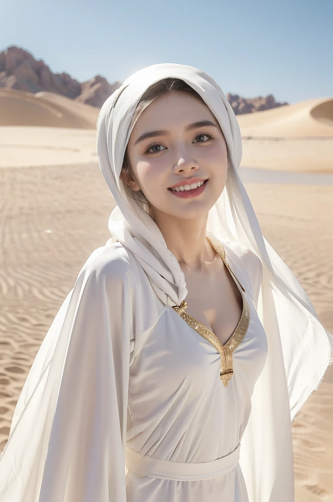 (((best quality))),(((ultra detailed))),(((masterpiece))),illustration,((A beautiful Muslim girl,solo)),((slim,thin)),summer,(in desert:1.3),white headscarf,(white abaya:1.3),(standing:1.3),(laughing:1.3),fair complexion,sun rays,gentle breeze,elegant attire,vast expanse,golden sand,azure sky,dunes,stillness,graceful elegance,(from front:1.3),(upper body:1.3),(small breasts:1.2),(flat chest:1.2),(arms behind back:1.2),(cleavage:1.3)