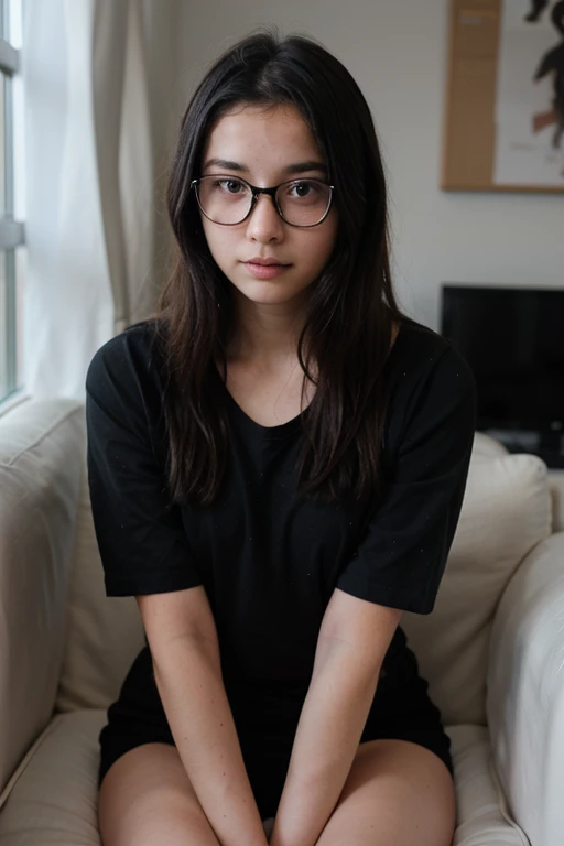 girl with straight black hair wearing round glasses sitting