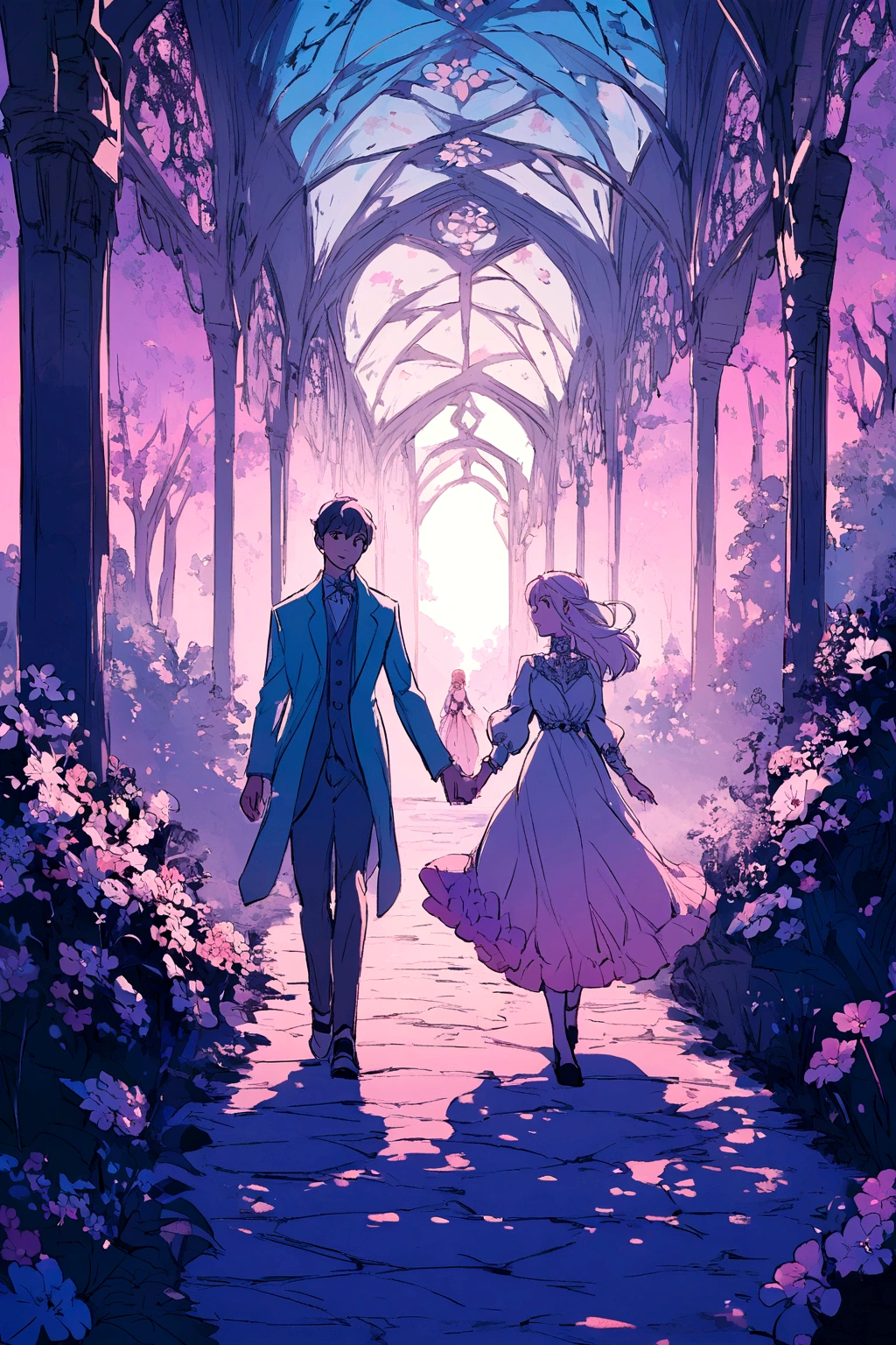Boy and girl walking catching hands in beautiful place