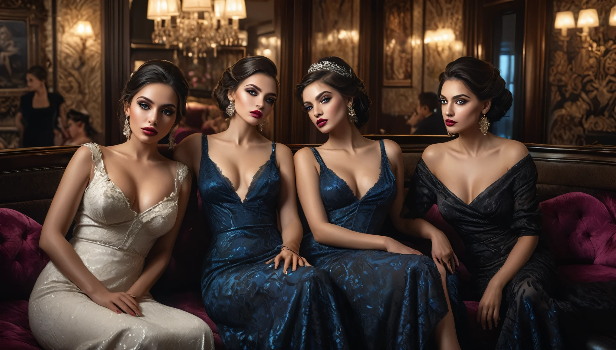 a group of women lounging in a brothel lobby, beautiful detailed eyes, beautiful detailed lips, extremely detailed eyes and face, long eyelashes, elegant dresses, luxurious interior, ornate furnishings, dramatic lighting, (best quality,4k,8k,highres,masterpiece:1.2),ultra-detailed,(realistic,photorealistic,photo-realistic:1.37),dramatic chiaroscuro lighting, moody atmosphere, oil painting, cinematic