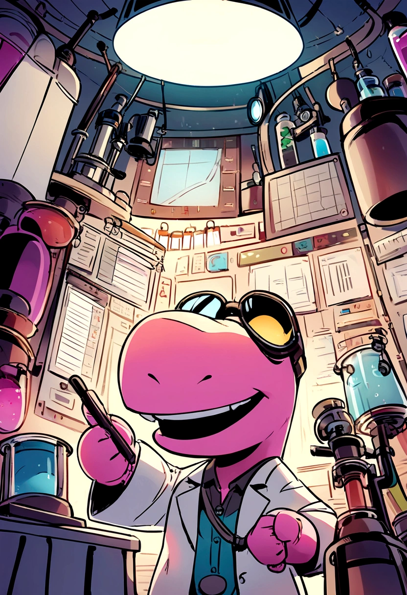 A pink dinosaur character with a broad, toothy smile, dressed as a researcher, They're in a lab, surrounded by scientific equipment like microscopes, beakers, charts and graphs. The dinosaur is wearing a lab coat, eye protection, and holds a clipboard in its hand, Papers are strewn about, indicating a busy work day, The lab setting is filled with light coming from fluorescent lamps overhead, Illustrate this in a cartoon style