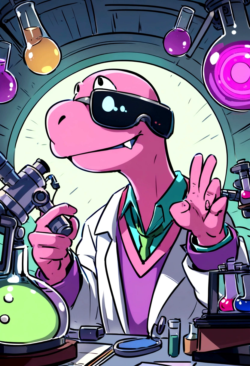 A pink dinosaur character with a broad, toothy smile, dressed as a researcher, They're in a lab, surrounded by scientific equipment like microscopes, beakers, charts and graphs. The dinosaur is wearing a lab coat, eye protection, and holds a clipboard in its hand, Papers are strewn about, indicating a busy work day, The lab setting is filled with light coming from fluorescent lamps overhead, Illustrate this in a cartoon style