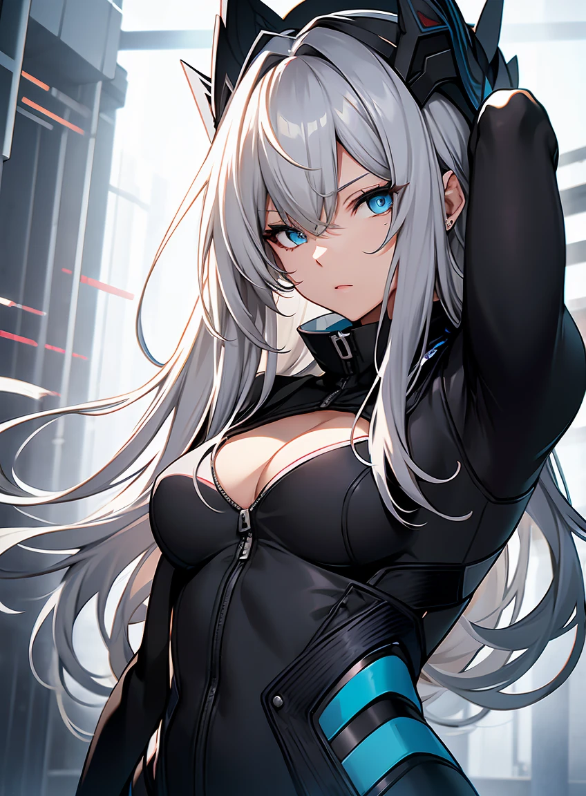 Gray hair straight long、Blue Eyes、One Woman、A tight black suit that covers the whole body and shows the lines of the body、Rin々Shii、Focus on the Opponent