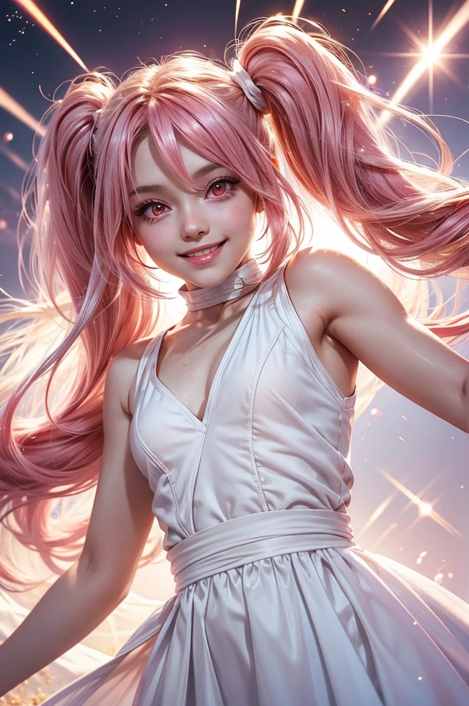 Perfect human body modeling, 1girl, small breasts, beautiful girl, cute girl and idol face, young face, smile, Beautiful long pink hair, twintails, Beautiful shining red eyes, white skin, Short body, white summer dress, sleeveless, light particles, light sparkles, lens flare