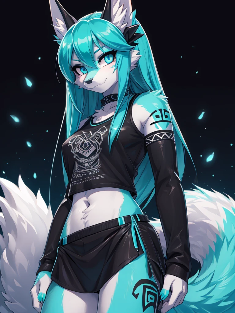 Miku Hatsune, add high definition_detail:1, blue fur,kitsune ears, tribal tattoo add_detail:1 cute high school clothes, Pretty girl, 18 year old girl, short black lycra, black metal t shirt, flirty look add_detail:3, radiant aqua iris add_detail:1 badass girl add_detail