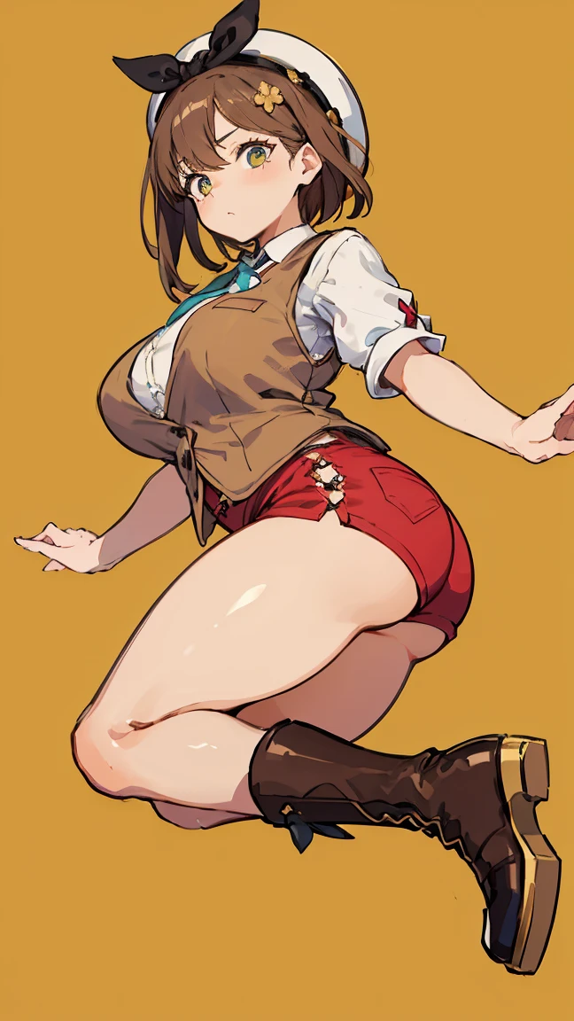 (Highest quality, 8K, masterpiece :1.3),Lizaリン・シュタウト(Lizaのアトリエ),Liza,Plump, One woman,Large Breasts,short hair,Brown Hair,hair band,Clothing,hat,White shirt,Yellow and white vest,Red shorts,Brown long boots,Big Ass,