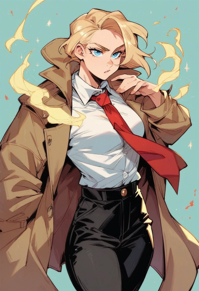 female John Constantine, blonde hair, blue eyes, trench coat, red tie, yellow magic, white button up shirt, black pants