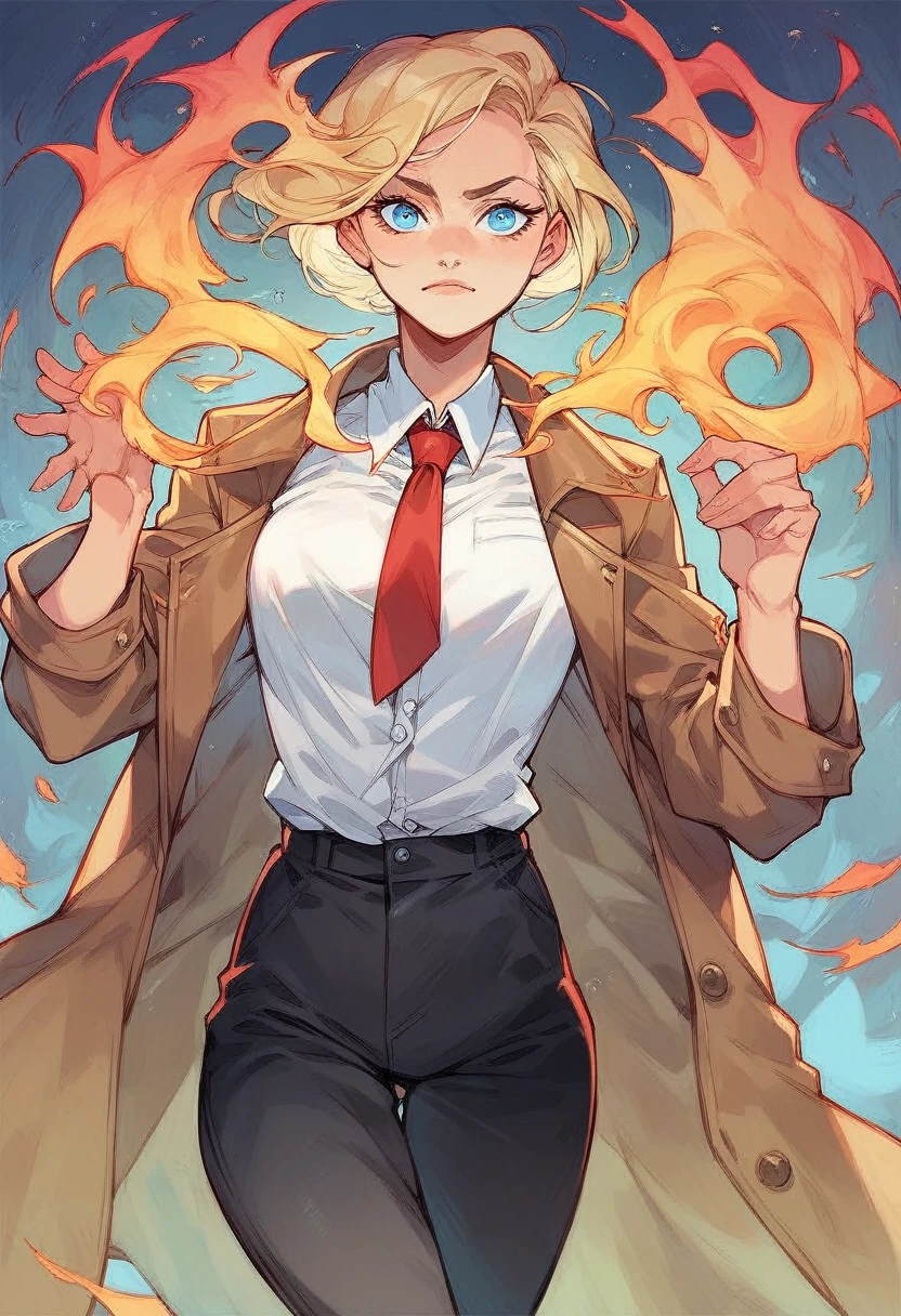 female John Constantine, blonde hair, blue eyes, trench coat, red tie, yellow magic, white button up shirt, black pants
