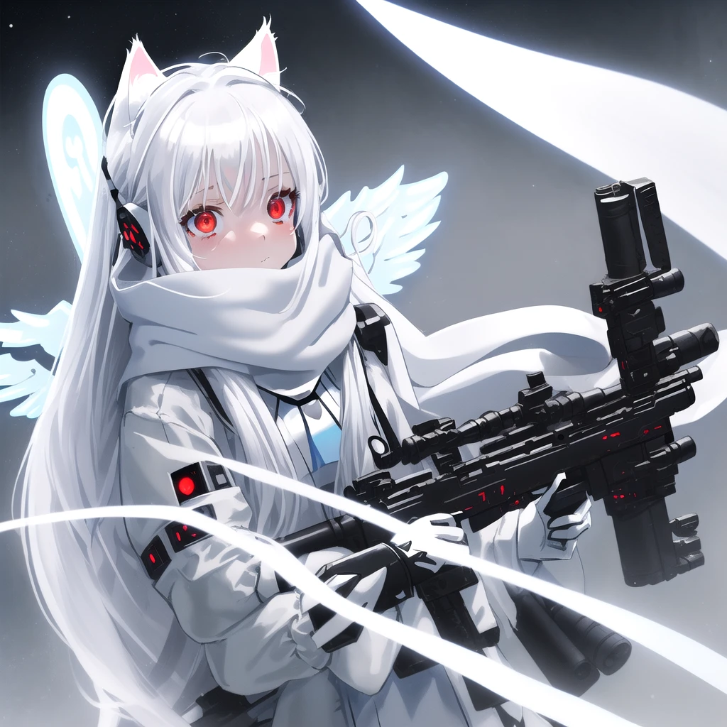 masterpiece, highest quality, highest resolution, clear_image, detailed details, White hair, long hair, cat ears, 1 girl, red eyes, sci-fi gear, light blue glow, white scarf (white scarf around the neck), gray futuristic halo (gray halo over the head), white wings, holding rifle, cute, no water marks, outer space