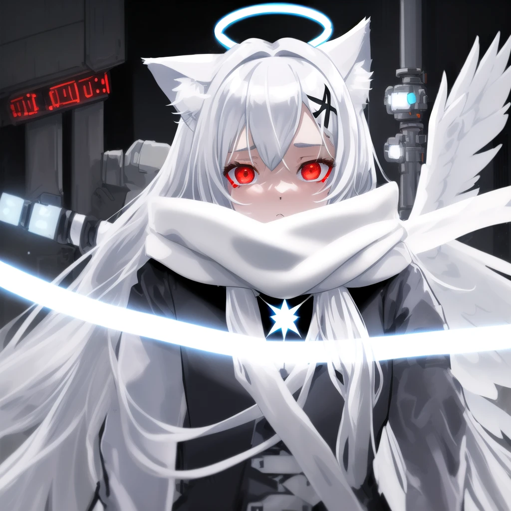 masterpiece, highest quality, highest resolution, clear_image, detailed details, White hair, long hair, cat ears, 1 girl, red eyes, sci-fi gear, light blue glow, white scarf (white scarf around the neck), gray futuristic halo (gray halo over the head), white wings, holding rifle, cute, no water marks, outer space