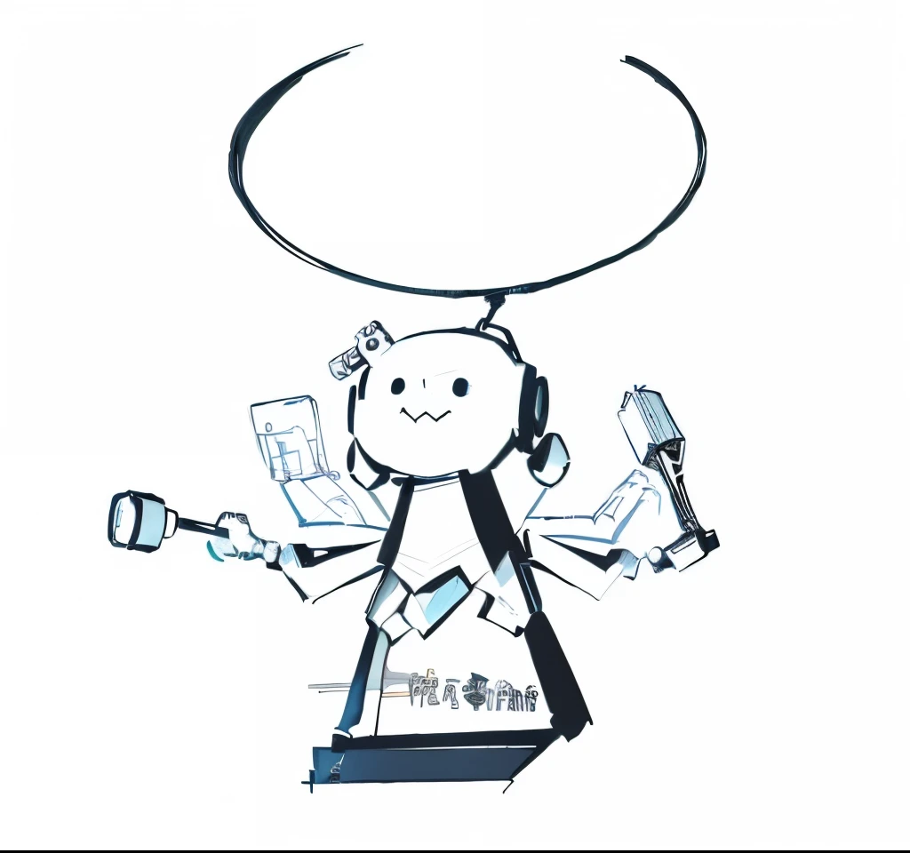 A man wearing a tie、Cartoon drawing of a man holding a microphone, the robot wearing the bone crown, anthropomorphic robot [ thing ], illustration, Stick Figure, round robot, (()), ( ( Artificial Intelligence Art God King ) ), Cartoon Character, the man with  head, Use a robotic arm to fix it