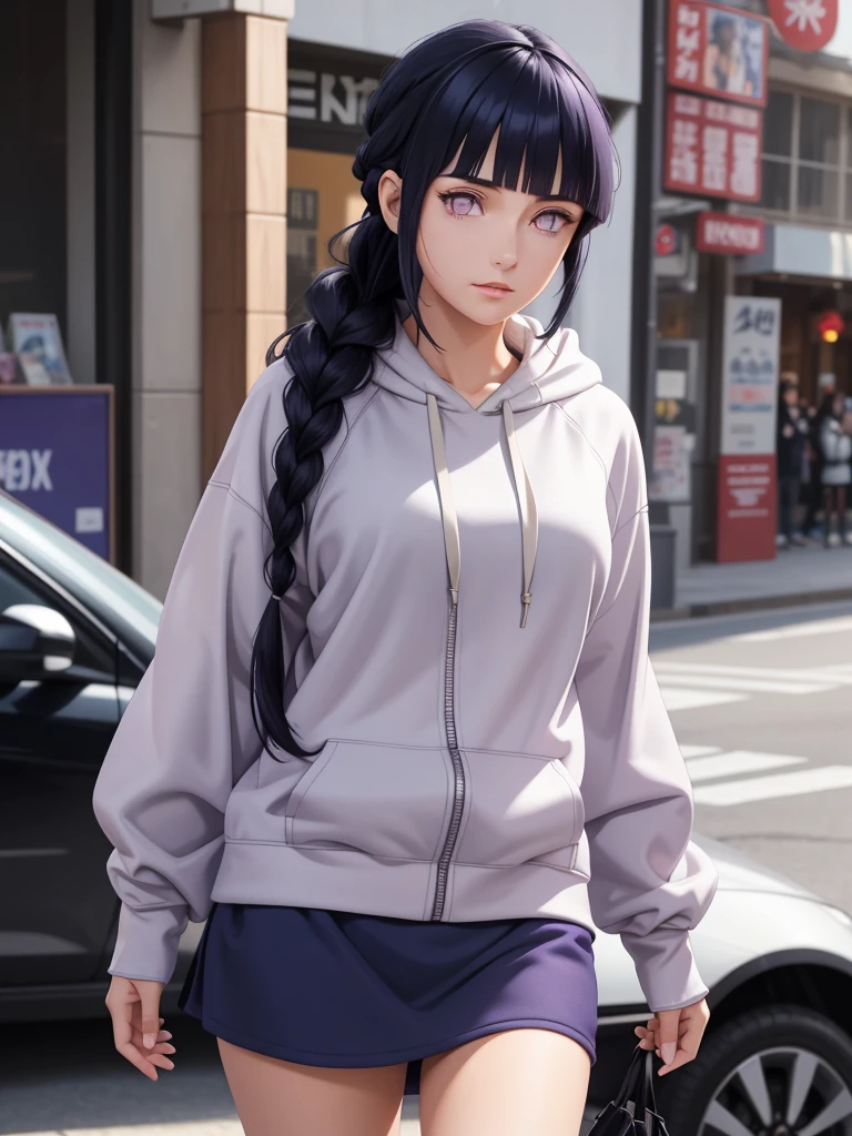 masterpiece, best quality, ultra-detailed, illustration,1girl,
long hair, dark blue hair, french braid, purple eyes, blunt bangs,
Wearing Streetwear Hoodie, stylish,
medium breast,
looking at viewer, hinata\(shippuden\)