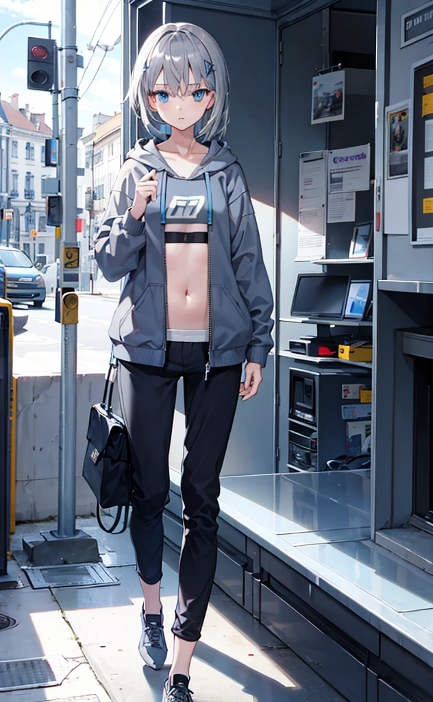 Girl，flat chest，Dissemination，Gray Hair，Gray hoodie，Blue Eyes，trousers，Technology