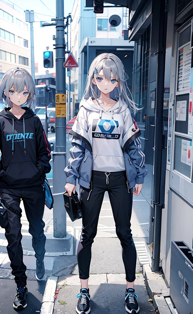 Girl,flat chest,Dissemination,Gray Hair,Gray hoodie,Blue Eyes,trousers,Technology