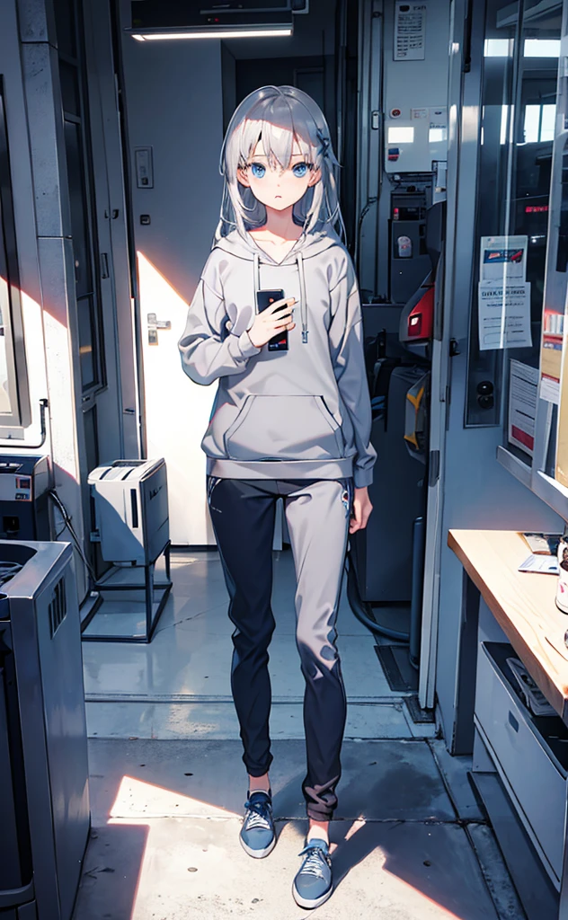 Girl,flat chest,Dissemination,Gray Hair,Gray hoodie,Blue Eyes,trousers,Technology