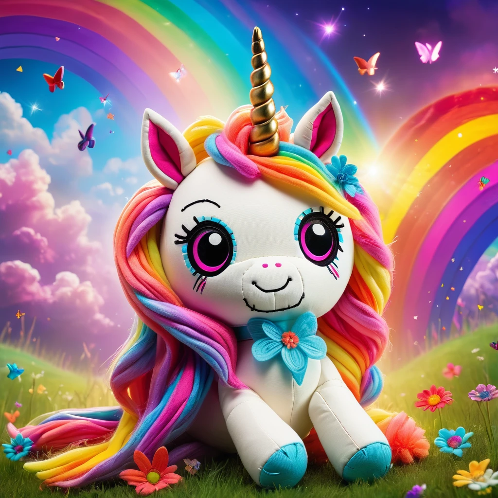(knitted toy voodoo doll:1.9), (Voodoo unicorn:1.6), (on a rainbow meadow:1.3), (Clothing: ethereal mane with glowing rainbow strands:1.0), (Accessories: enchanted horn emitting sparks of light magic, floating spectral flowers:1.1), (background: bright meadow with floating rainbows, glowing sunlight and spectral butterflies:1.2), best quality, masterpiece, detailed soft oil painting, detailed background, dramatic cinematic lighting, soft edge lighting, professional, dramatic lighting, hard edge lighting,
ultra quality, 4k,masterpiece, best quality, 8k, ultra highres, highres, extremely detailed